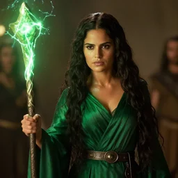 epic photo of young salma hayek as beautiful medieval sorceress with very long black hair wearing a green satin robe and metal belt, battle scene, holding her wizard staff electricity emanating from it, sweaty, neutral expression, perfect likeness, rim light glow, low contrast, soft light, low light, green hue, shallow depth of field, photorealistic, cinematic lighting, lovely bokeh, warm colours, night time, movie quality, green glow from the left, excalibur 1 9 8 5, movie still, cinemascope