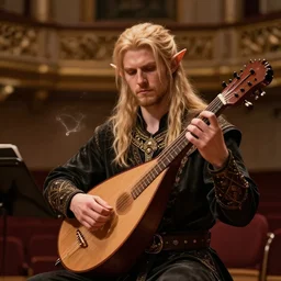 fantasy half elf bard playing a lute with magic hands inside a concert hall