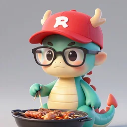 a photograph of a young dragon with wayfarer glasses and red baseball cap having a barbecue, by floro dery, shoji kawamori, and greg rutkowski, artstation, concept art, high quality illustration, mtmte, cover art