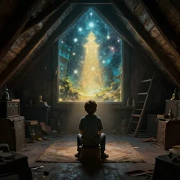 a kid sitting in an old attic in front of a magic Image, dramatic lighting, cinematic, establishing shot, extremly high detail, photo realistic, cinematic lighting, post processed, concept art, artstation, matte painting, style by eddie mendoza, raphael lacoste, alex ross