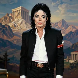 individual portrait of michael jackson standing against a thomas cole naturalist style backdrop of mount olympus, michael jackson