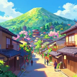 a beautiful japanese city in the mountain, amazing ryokans and edo era houses, fantastic characters in the scene, epic cyberpunk, lofi vibe, colorful, vivide colors, amazing light, really beautiful nature, oil painting, by jeremy lipkin, by claude monet, by makoto shinkai, kandinsky touches, multiple brush strokes, inspired by ghibli, masterpiece, beautiful