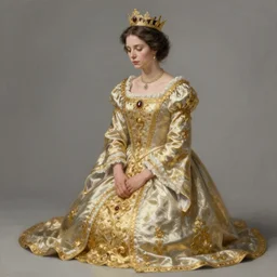 kneeling before a condescending queen, royal gown, golden detailing, medium shot, intricate, elegant, highly detailed, digital painting, volumetric light, artstation, concept art, smooth, sharp focus, illustration, art by Gil Elvgren and Greg Rutkowski and Alphonse Mucha, 8K