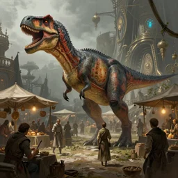 “a dinosaur market, medieval, science fantasy, D&D, fantasy, intricate, cinematic lighting, highly detailed, digital painting, artstation, concept art, smooth, sharp focus, illustration, art by Artgerm and Greg Rutkowski and Alphonse Mucha”