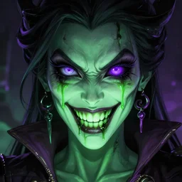 a portrait photo of a poison themed female villain, glowing green, poison dripping, poison teeth, detailed character design, symmetrical face, purple highlights, one purple eye, detailed eyes