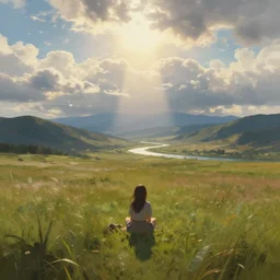 a cinematic landscape view looking at an open field, a girl sits in the field looking at the sky, mountains in the distance with a river running down, the sun shines through the parted clouds, digital painting, fantasy, art by alexandre mahboubi and christophe oliver