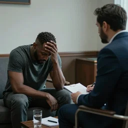 an extremely distraught ben simmons being counselled by a sinister psychiatrist