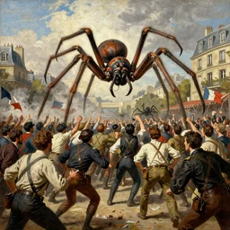 giant spiders attacking french revolution in paris, socialist realism painting, big panic, crowd running away, by jakub rozalski artgerm and greg rukowsky highly detailed