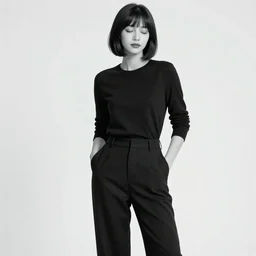 portrait of a elegant girl in long pants and a top, hands in pockets, eyes closed, bob haircut, digital art, black and white, lineart by junji ito and kaoru mori