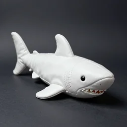 vintage analog product photography of a white leather shark, stuffed toy, studio lighting, film grain, lensflare, color bleed, glare