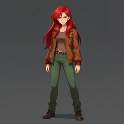 full - body shot of an attractive tomboy girl with long, crimson red hair and red eyes, wearing a brown, open jacket and green jeans with a stern look, concept art, character design, by wlop, by ross draws, by tomine, by satoshi kon, by rolf armstrong, by peter andrew jones, beksinski