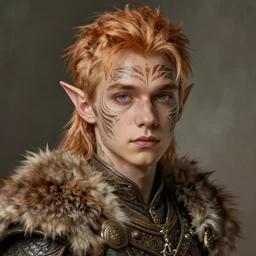 portrait painting of a very young elven man with a soft face and short light orange hair and tribal tattoos on his face wearing fur armor, ultra realistic, concept art, intricate details, eerie, highly detailed, photorealistic, octane render, 8 k, unreal engine. art by artgerm and greg rutkowski and charlie bowater and magali villeneuve and alphonse mucha