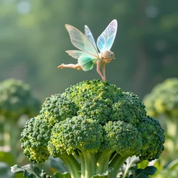 a fairy flying above an broccoli, fantasy style, octane render, ultra realistic