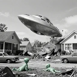 a black and white photograph of an unidentified flying object crashing into a neighborhood, little green aliens laying on the ground by alien wreckage, 1 9 8 2 style houses and cars, octane render, hyper realistic - h 1 0 8 8
