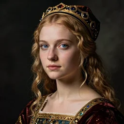 portrait of young woman in medieval dress and medieval headdress, blue eyes and blond hair, style by the leonardo da vinci