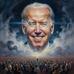 large abstract painting of giant grinning evil dynamic unfocused Joe Biden head emerging from cosmic clouds at giant immense crowd of person army, trending on ArtStation, masterpiece, by Greg Rutkowski, by Ross Tran, by Fenghua Zhong, octane, lightbeam eyes, soft render, clear facial features, oil on canvas,, moody lighting, cinematic, professional environment concept art