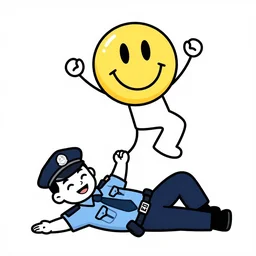 4k line drawing of a rave smiley face dancing on top of a happy policeman who is lying on the floor