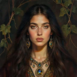 detailed portrait in femininity, cosmopolitan shaman, realistic face chiseled features, specular eyes, ethnic, statuesque model, natural skin, lush hair, regal javket, warm glow, subsurface scattering, jewel, asymmetrical, chiaroscuro, organic impressionism, vine backdrop, deep rich color, digital illustration