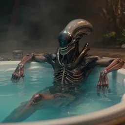 film still of alien!! xenomorph!! relaxing in a hot tub in the new alien movie, 4 k