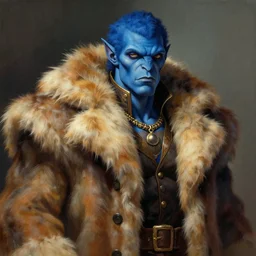 portrait of a blue-skinned!! man wearing a fur coat, illustration, fantasy, by artgerm and Charlie Bowater, trending on ArtStation, masterpiece
