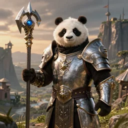 a portrait an anthropomorphic panda paladin holding a doombringer, wearing paladin plate, landscape in background, dnd character art portrait, world of warcraft style, by peter mohrbacher, cinematic lighting
