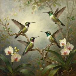 a beautiful painting of hummingbirds on a tree in brazil surrounded by orchids on a misty day in the style of martin johnson heade, painterly, beautiful artwork, famous painting by martin johnson heade, martin johnson heade, martin johnson heade, martin johnson heade