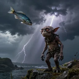 gollum - faced fish flying in thunderstorm