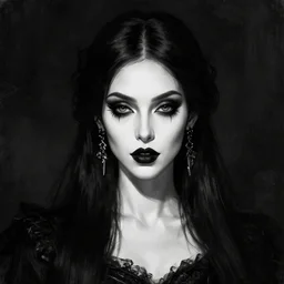 digital art painting portrait of elegant gothic lady with earrings, black and white, black colours, hard edges, high quality, textured, dark background, mystic, perfect lighting, high contrast, arstation, artgerm, wlop, 4 k