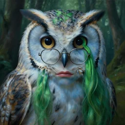 a close up portrait of a lonely, young, beautiful woman and her massive owl, fine facial features, symmetrical, sad, blue skin, green hair, glasses, in a forrest, inspired by edward hopper and grand budapest hotel, high resolution, octane render, high detailed masterpiece painting