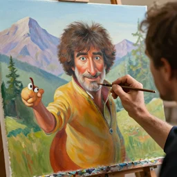 a closeup photorealistic photograph of bob ross working on a canvas painting of fred flintstone. film still. brightly lit scene. mountains and trees. this 4 k hd image is trending on artstation, featured on behance, well - rendered, extra crisp, features intricate detail, epic composition and the style of unreal engine.