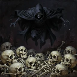 grim reaper hovering over a pile of skeletons and skulls with dark background in an anime oil painting style with extreme details