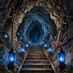 staircase leading towars the bottom of a cavern lit by blue lanterns and ember, light blue fireflies, anchors chains, magnificent, close up, details, sharp focus, elegant, highly detailed, illustration, by Jordan Grimmer and greg rutkowski and PiNe(パイネ) and 薯子Imoko and 香川悠作 and wlop and maya takamura, intricate, beautiful, Trending artstation, pixiv, digital Art
