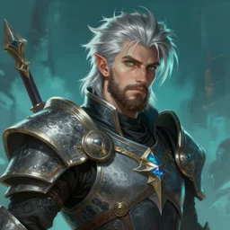 an epic fantastic realism comic book style portrait painting of an aasimar paladin, male, silver shaggy hair, short brown beard, d & d concept art, unreal 5, daz, teal aesthetic, octane render, cosplay, rpg portrait, dynamic lighting