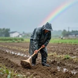 Chinese countryside, a farmer in a raincoat is plowing, it is raining lightly and there is a rainbow in the sky, sharp focus, octane render, trending on artstation, 8k