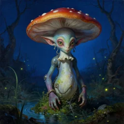a close - up rococo portrait of a colorful mushroom alien elf - like creature with futuristic features standing in water, moss, and swamp. fireflies night time. rich blue colors, high contrast. gloomy, highly detailed 1 8 th century sci - fi fantasy masterpiece painting by jean - honore fragonard, moebius, and johfra bosschart. artstation