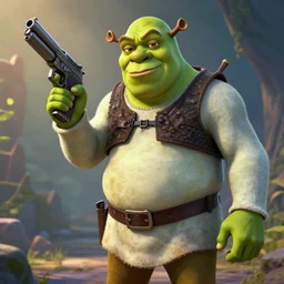 shrek with cyberpunk modifications holstering a gun, artstation, 4 k