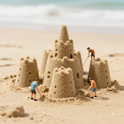 A photo of tiny men constructing a sand castle