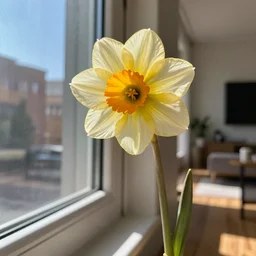 close-up of an narcissus on a windowsill in a modern living room, volumetric lighting, by Paul Signac