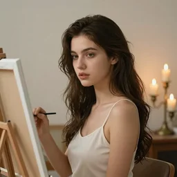 portrait of a beautiful goddess painter, in her art room, highly detailed, candles on lampstands, smooth, well focused, volumetric soft lighting, artstation HD, 8K
