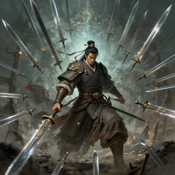 ancient chinese warrior surrounded by swarm of magical flying swords, greg rutkowski, fantasy, super high detail.