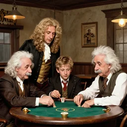 family photo of isaac newton and stephen hawkins an einstein playing poker in an old west saloon in the style of norman rockwell