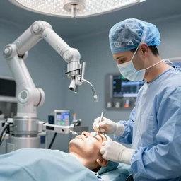 a of a face transplant in an operating room with robotic surgeons , photorealistic,by Wlop,4k resolution