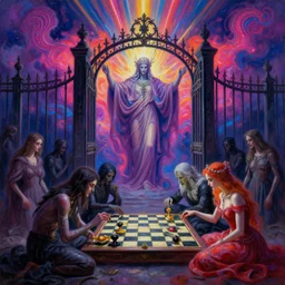 [ style ] [ oil painting ] [ palate ] [ vibrant gothic colors ] lost 👾 👽 souls congregating and playing chess at the giant iron gate to purgatory, vibrant paisley neon nebulous clouds, radiant light rays, symmetrical details, photorealistic painting, award winning painting, volumetric lighting, artstation, god figure at the gate