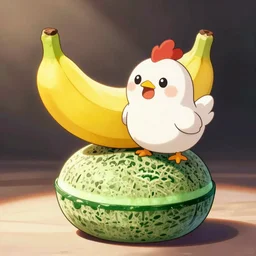 kawaii yellow banana is also a cute white chicken standing on a green melon japanese pastry, anime, in the style of pokemon
