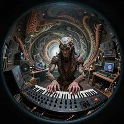 a fisheye lens photo of a post apocalyptic tribal cyborg dj tweaking and playing synthesizers in the most complicated and technical spiral fractal musical studio, powerful, cinematic, beautifully lit, by donato giancola, by artgerm, by karol bak, 3 d, perfect face and body, trending on artstation, octane render, 8 k
