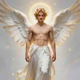 fullbody portrait of a beautiful young fit male angel with curly blond hairs, soft smile, closed eyes, dressed in long fluent skirt, majestic symmetrical eagle wings, luminous halo, by greg rutkowski and alphonse mucha, gradient white to gold, in front of an iridescent background, highly detailed portrait, digital painting, smooth, sharp focus illustration