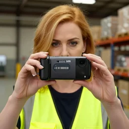 photo, close up, christina hendricks in a hi vis vest, in warehouse, android cameraphone, 2 6 mm,