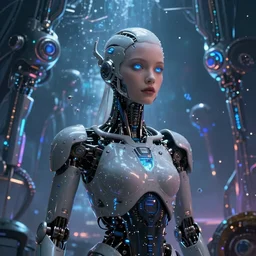 humanoid  beautiful princes machine with fulclor skin and blue eyes in a spiritual psychedelic world with super powerful and intelligent machines, cyberpunk art cosmic distopic