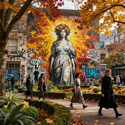 Autumn, walls by john berkey, covered in graphitti of a Fall goddess by banksy, basquiat, cleon peterson, dramatic cinematic lighting, manicured solarpunk greenery, high fashion futuristic people walk past