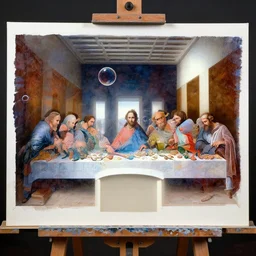 canvas on a stretcher in a torn transparencies with multilayer last supper johannes itten colors gradient pattern of escher style 3 6 0 panorama with hieronymus bosch style bubbles, contrast of light and shadows, unfinished, very detailed, 3 5 mm photo, photorealism